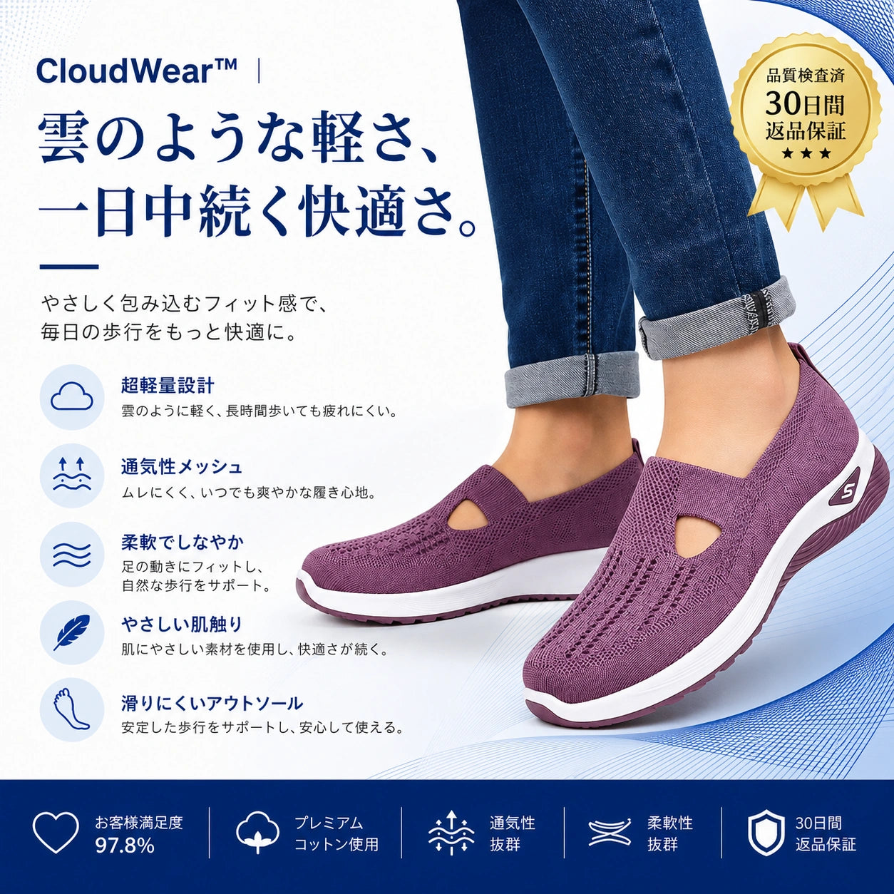 CloudWear™｜雲のような軽さ、一日中続く快適さ。