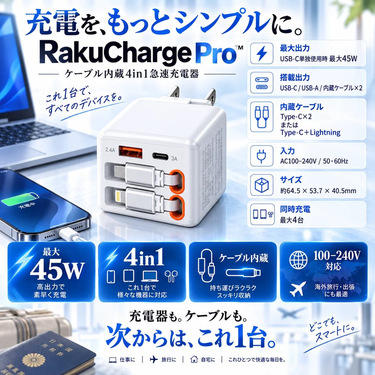RakuCharge Pro™｜ケーブル内蔵4in1急速充電器