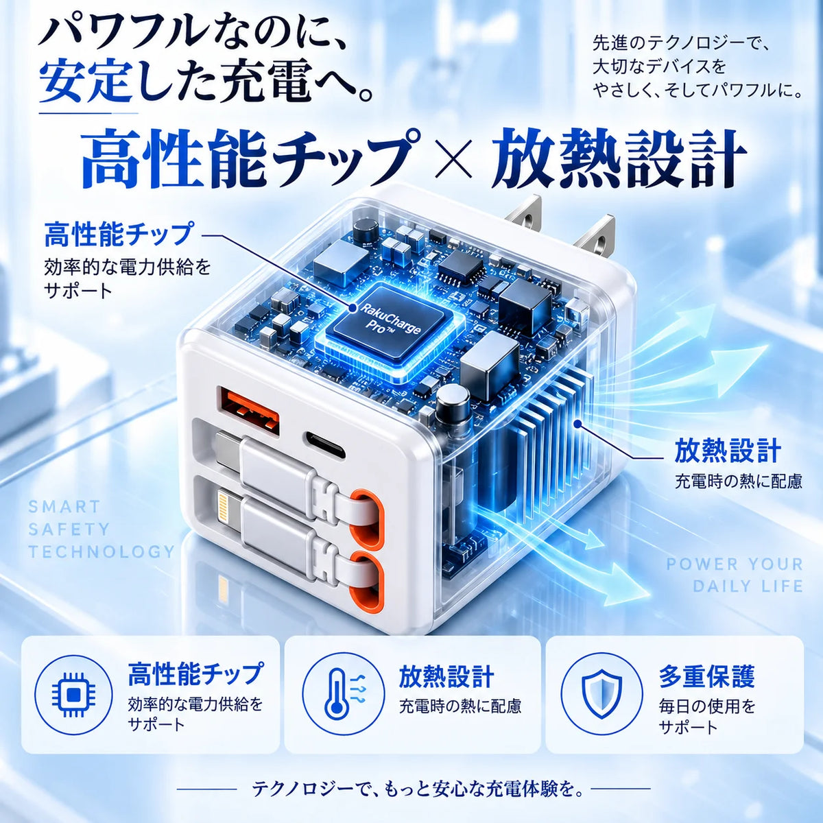 RakuCharge Pro™｜ケーブル内蔵4in1急速充電器