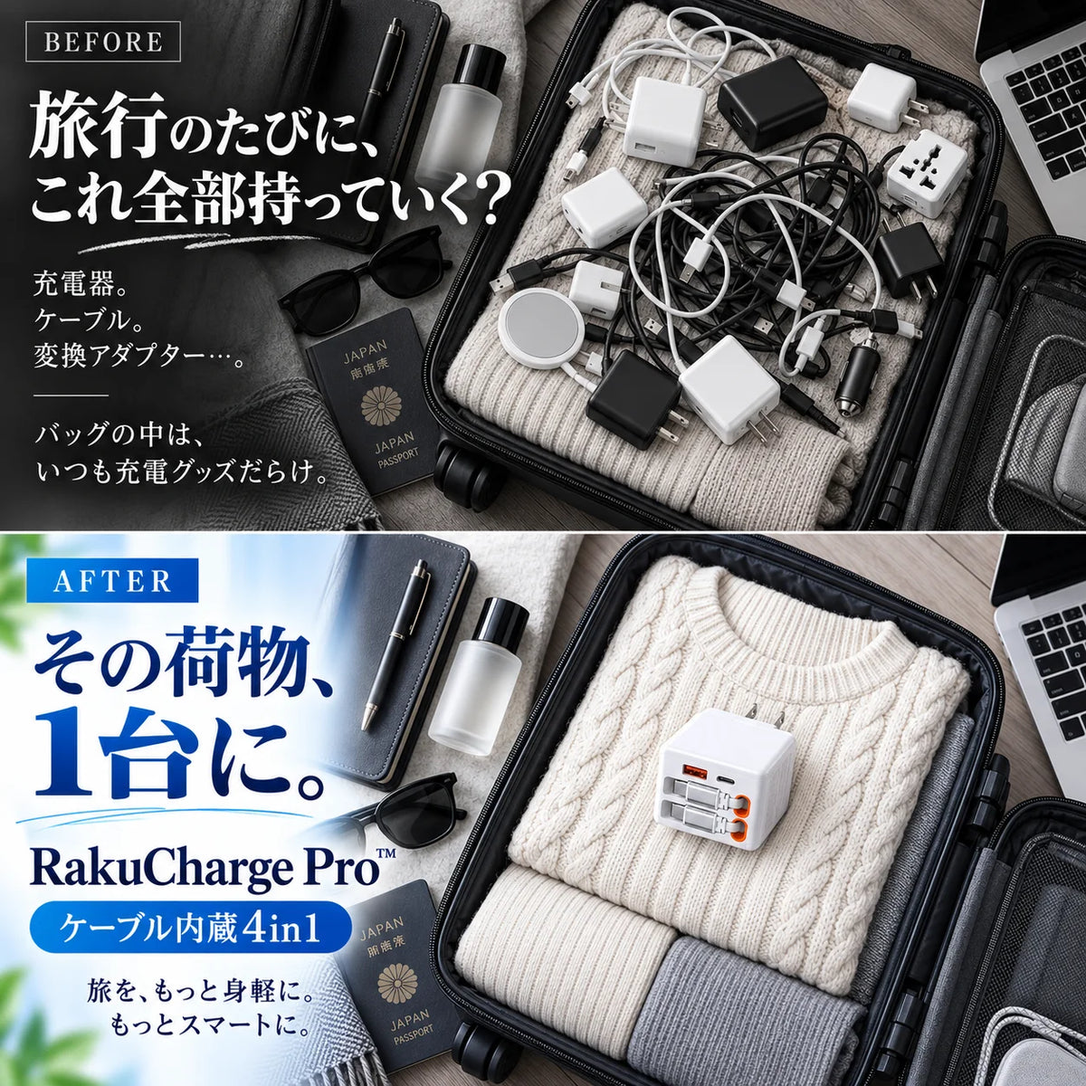 RakuCharge Pro™｜ケーブル内蔵4in1急速充電器