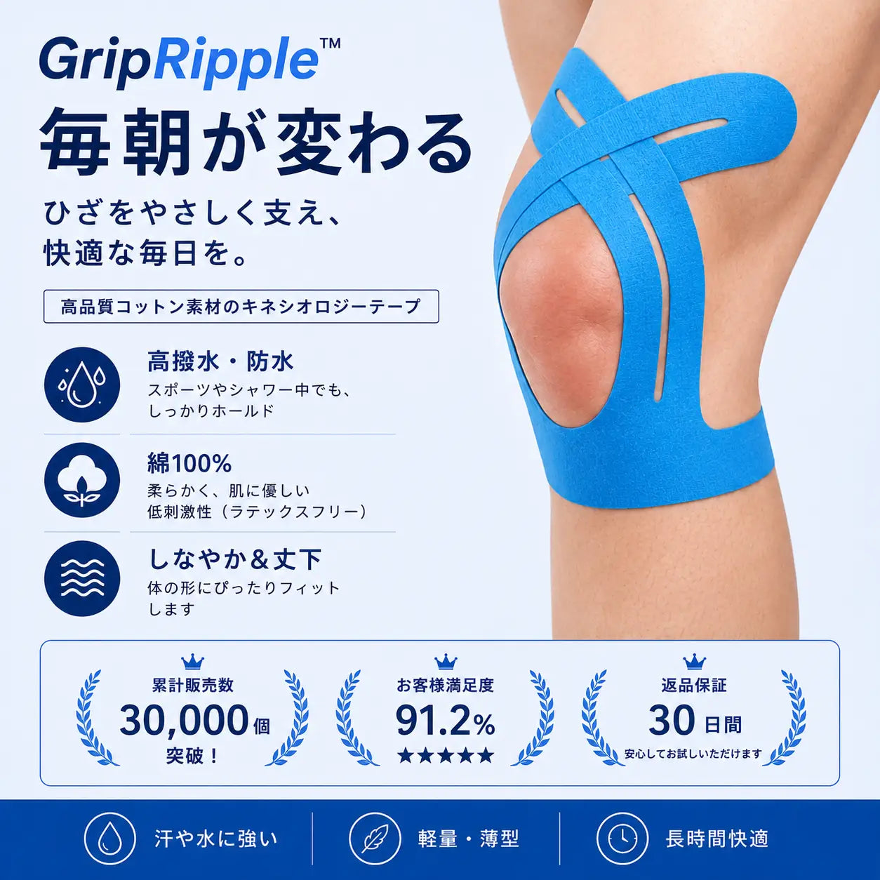 GripRipple™ Premium 膝用プレカット キネシオテープ - 見逃せない特別オファ