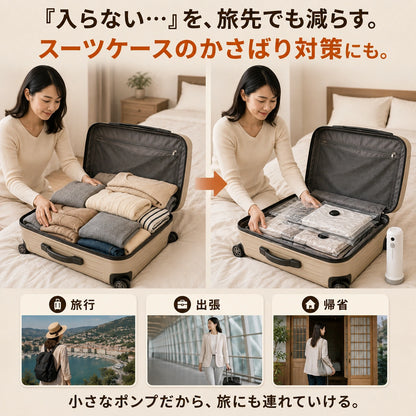 SpacePress Pro™｜掃除機不要！電動ポンプで瞬間圧縮・省スペース収納バッグ