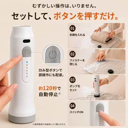 SpacePress Pro™｜掃除機不要！電動ポンプで瞬間圧縮・省スペース収納バッグ