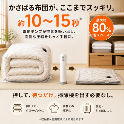 SpacePress Pro™｜掃除機不要！電動ポンプで瞬間圧縮・省スペース収納バッグ