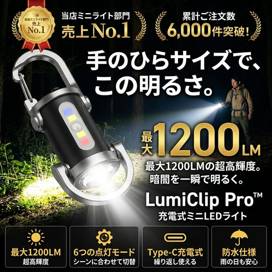LumiClip Pro™ - 手のひらサイズで驚きの明るさ。超高輝度1200LM・6モード搭載の充電式ミニライト